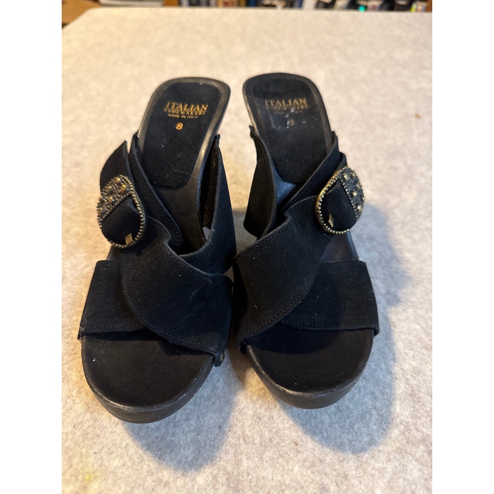 Italian Shoemakers Black Suede Studded Buckle Platform Slide Sandals Size 8